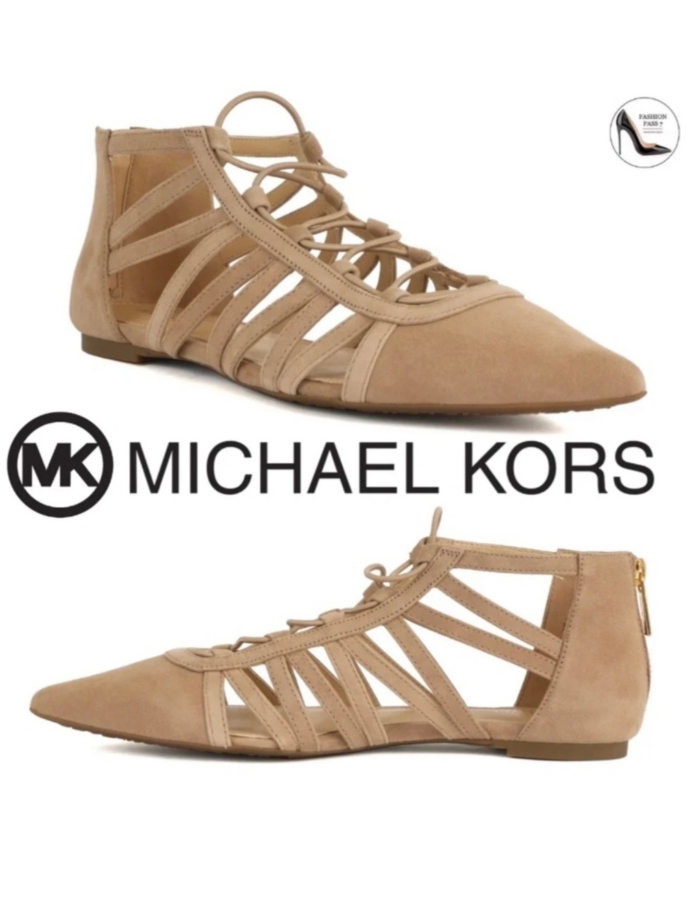 Michael Kors Clarissa Nude Suede Flat Sandal Leather Pointed Toe Slide Flats 7.5